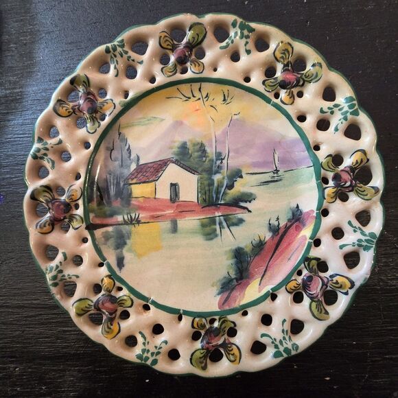 2 Hand Painted Plates Latticework Edges Coastal Scenes EPL Portugal 6.5" dia - Picture 4 of 5